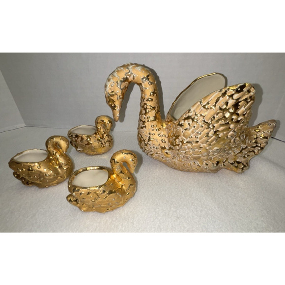 Set of 4 Vintage 22 K Hand Decorated Weeping Bright Gold Swans Ceramic Planters - Picture 1 of 12